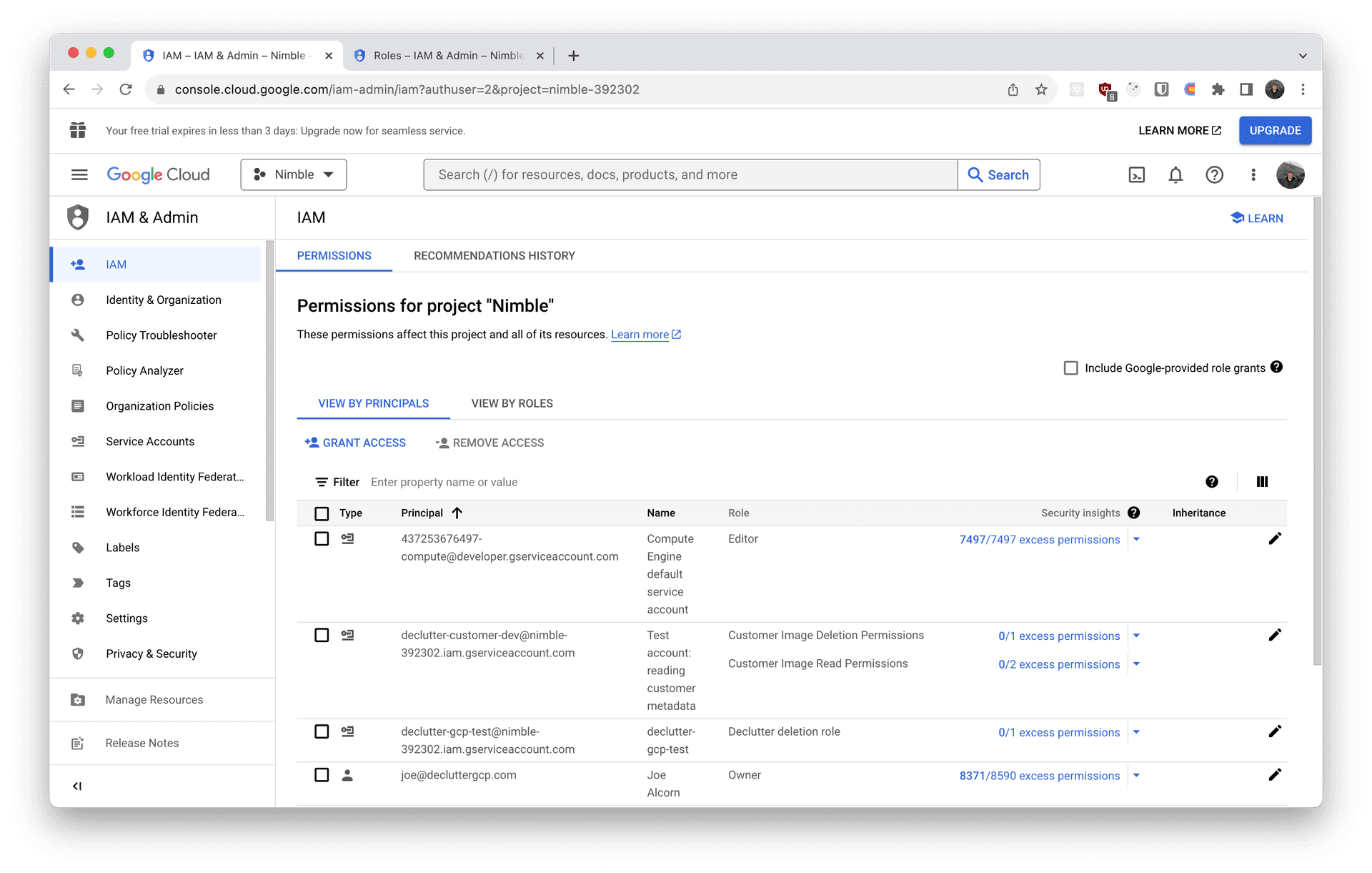 Screenshot showing the IAM permissions view of the Google Cloud Console.