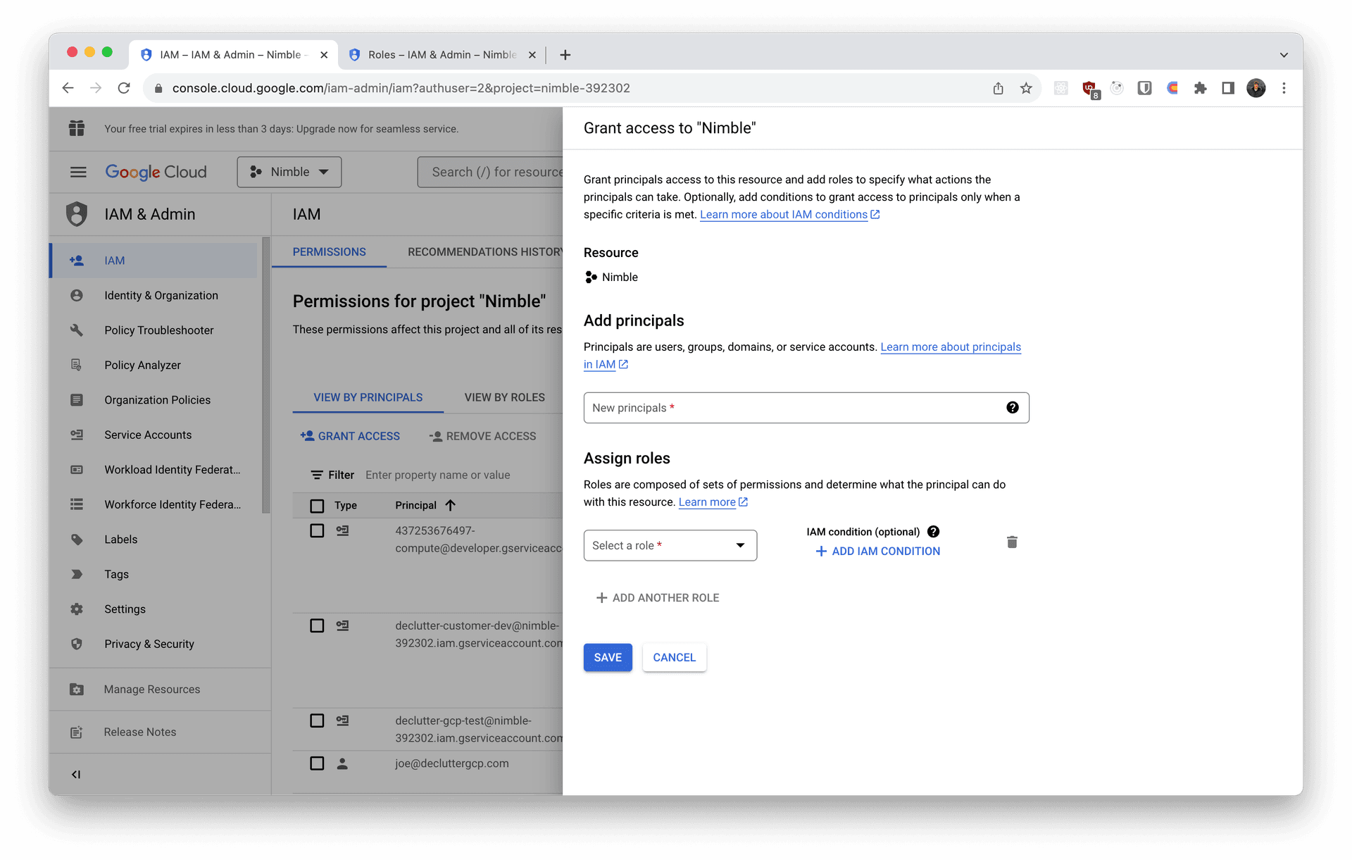 Screenshot showing the 'Add Principals' form of the Google Cloud Console.