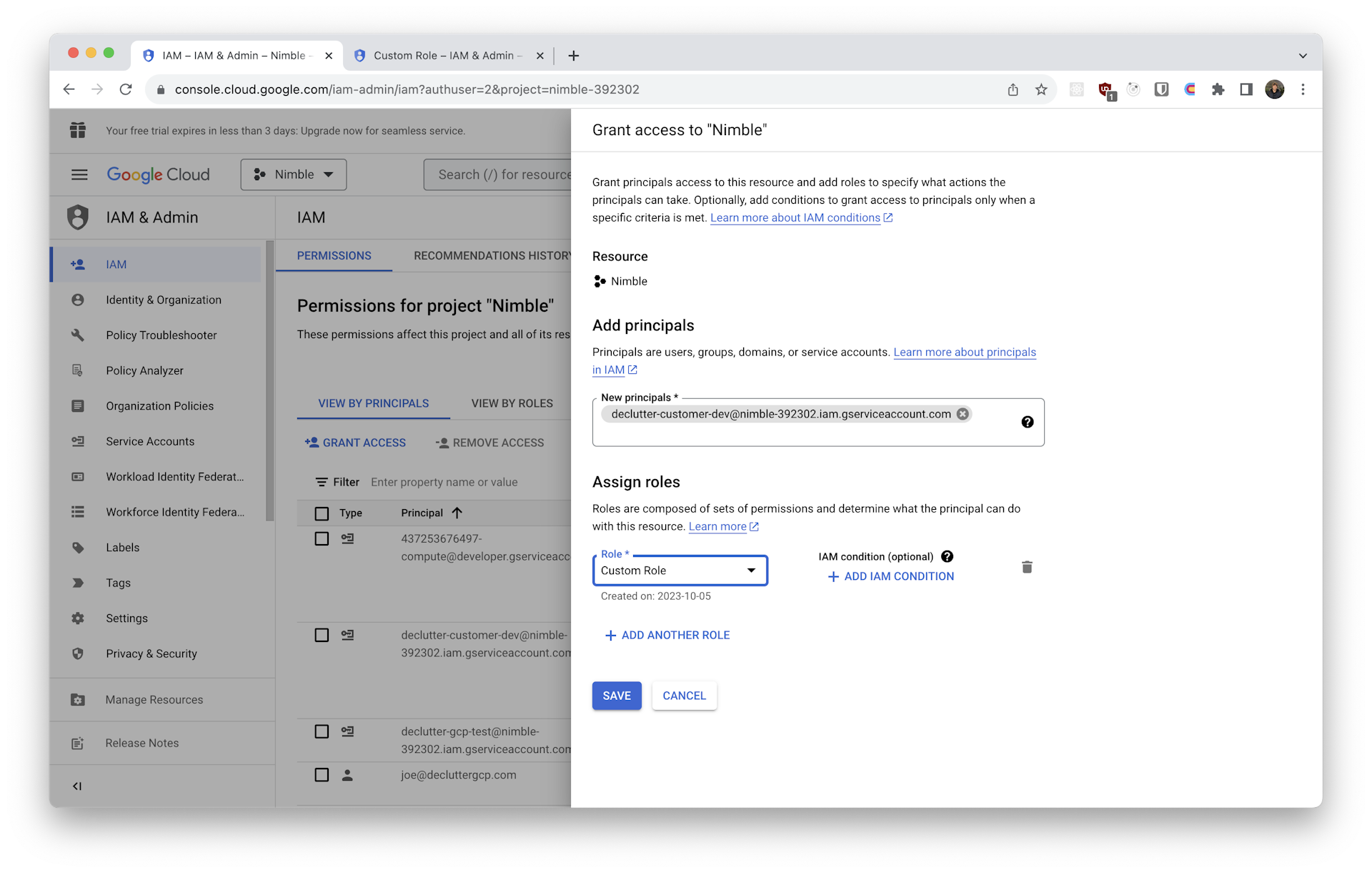 Screenshot showing the 'Add Principals' form of the Google Cloud Console with the appropriate sefvice account and role selected.