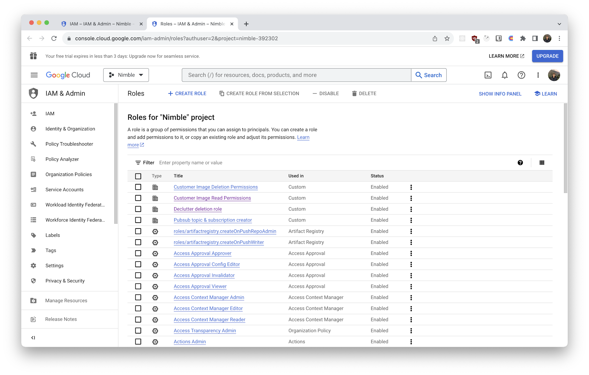 Screenshot of the Google Cloud Console showing Roles subsection of the IAM & Admin section.