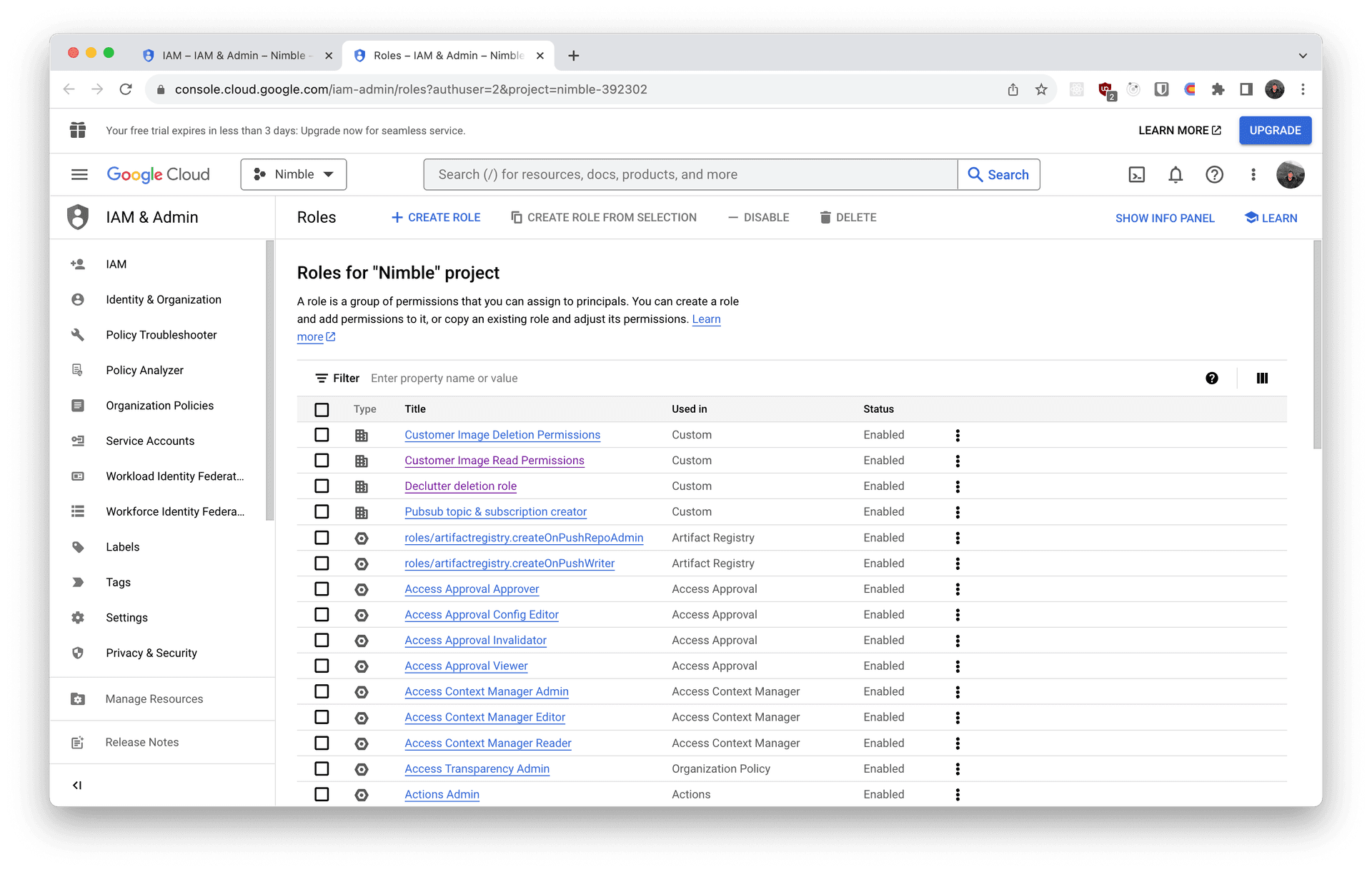 Screenshot of the Google Cloud Console showing Roles subsection of the IAM & Admin section.