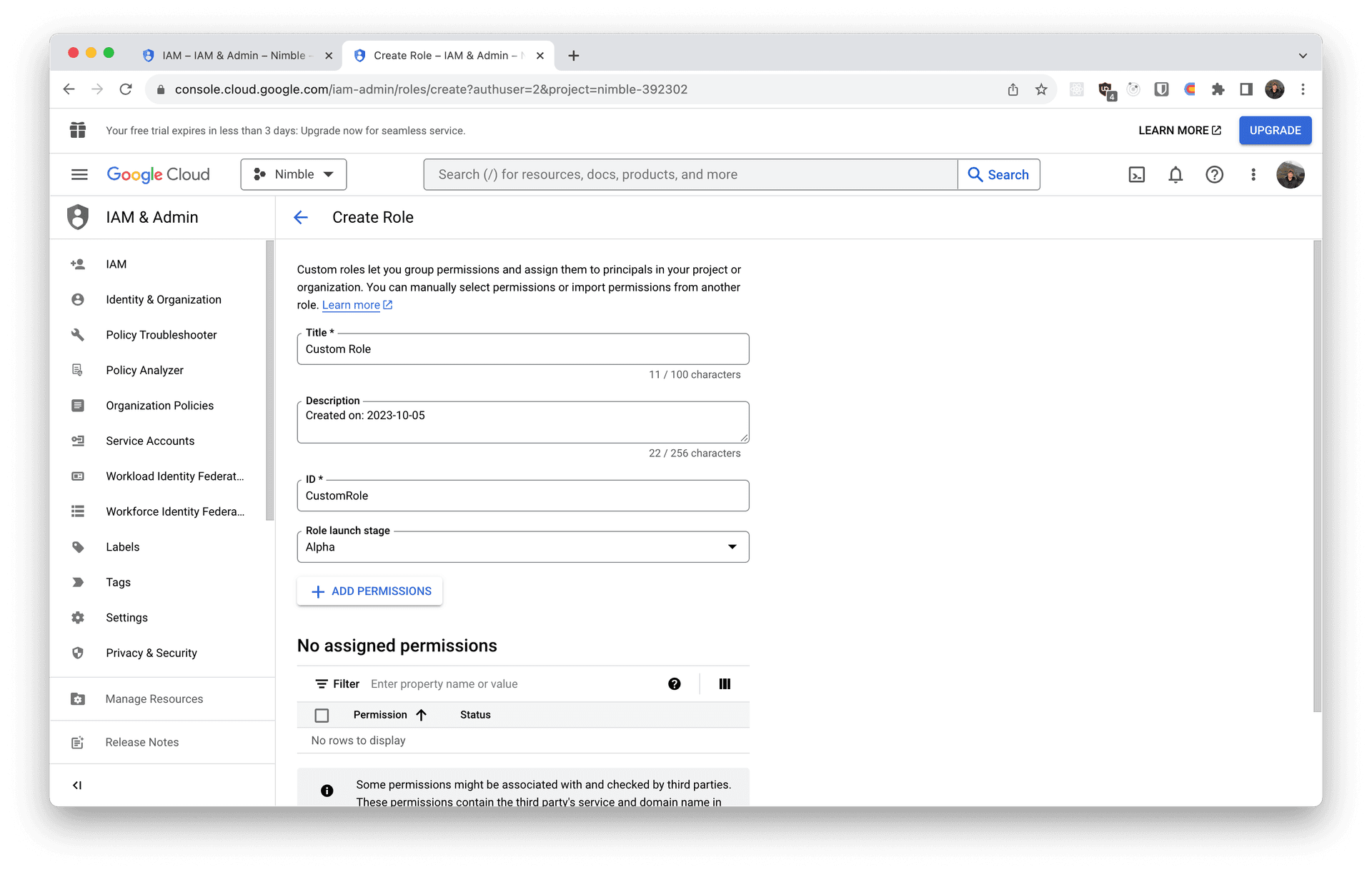 Screenshot showing the create role form of the Google Cloud Console.