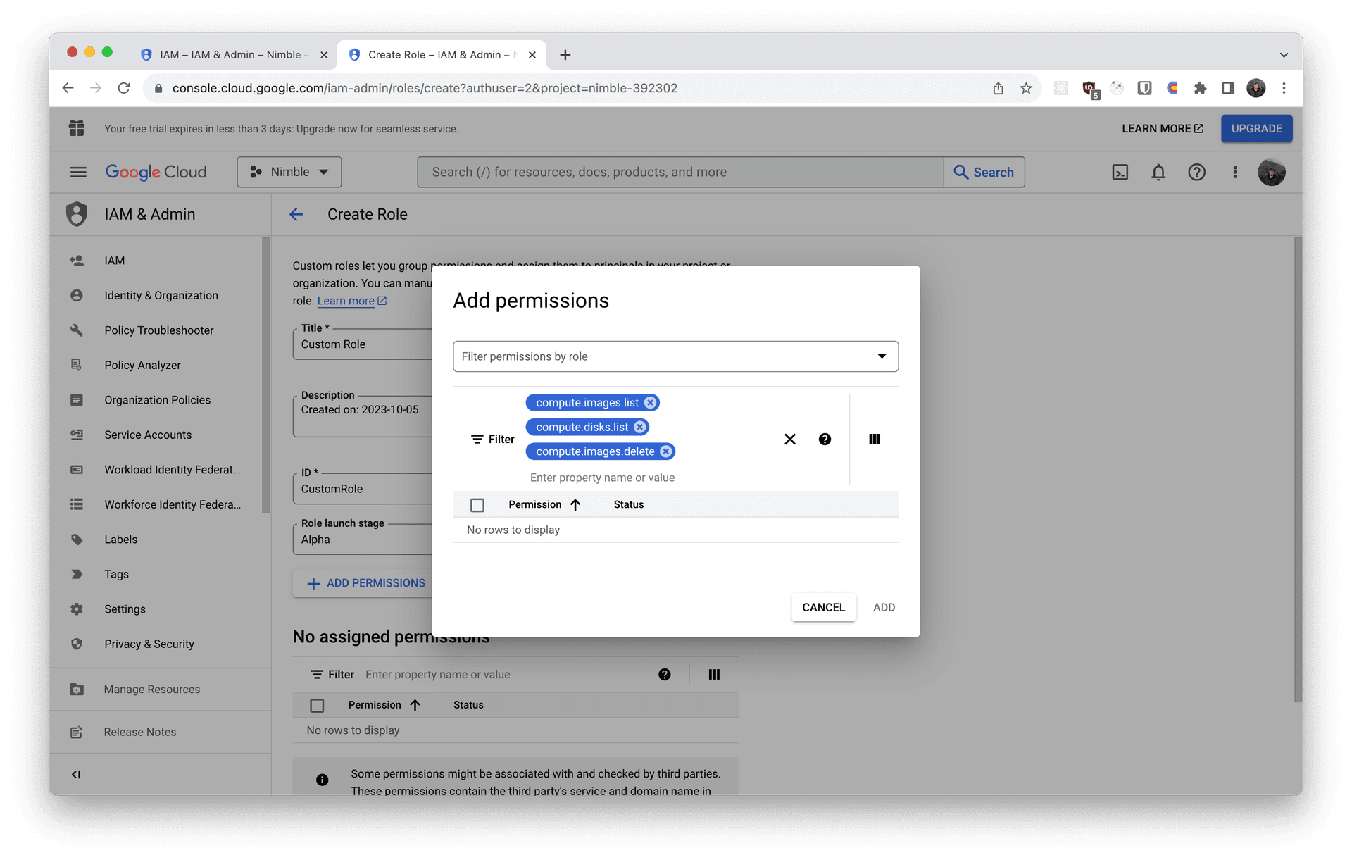 Screenshot showing the three permissions being added to the new role from the previous steps.