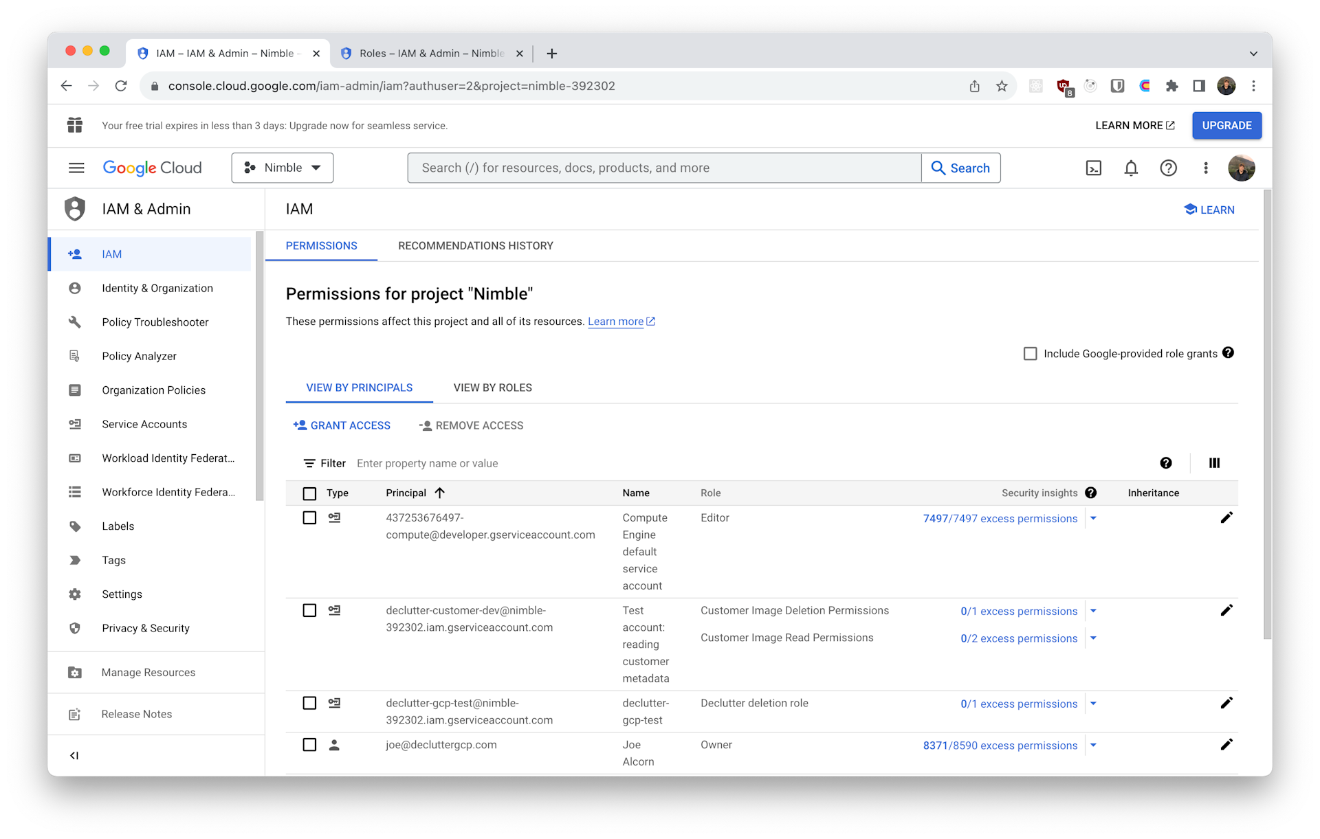 Screenshot showing the IAM permissions view of the Google Cloud Console.