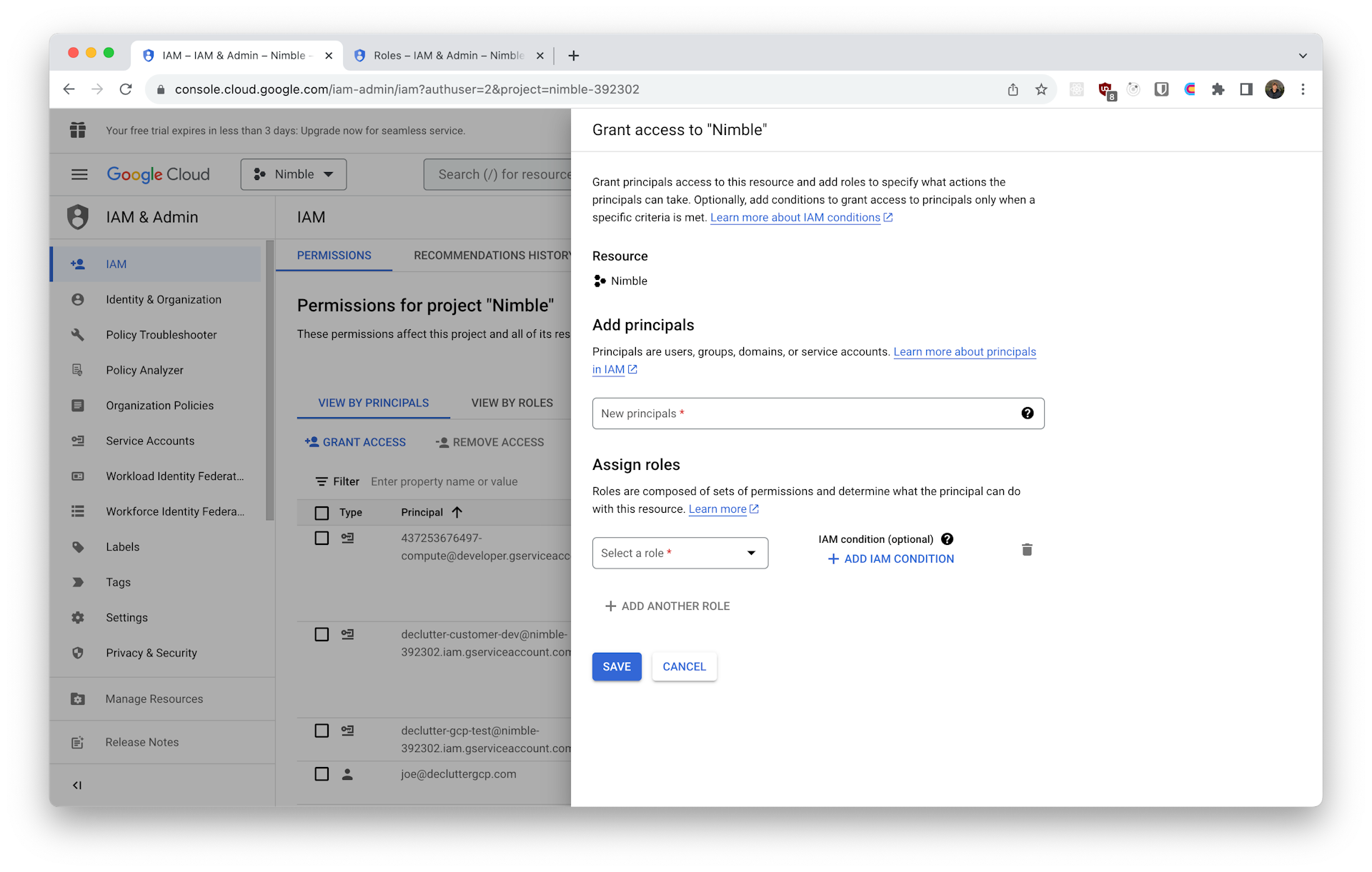 Screenshot showing the 'Add Principals' form of the Google Cloud Console.