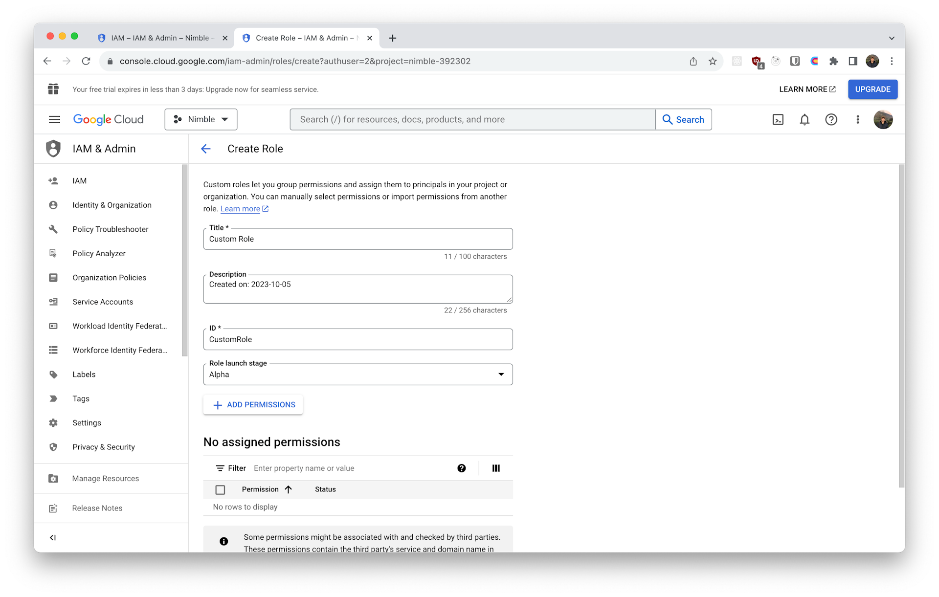 Screenshot showing the create role form of the Google Cloud Console.