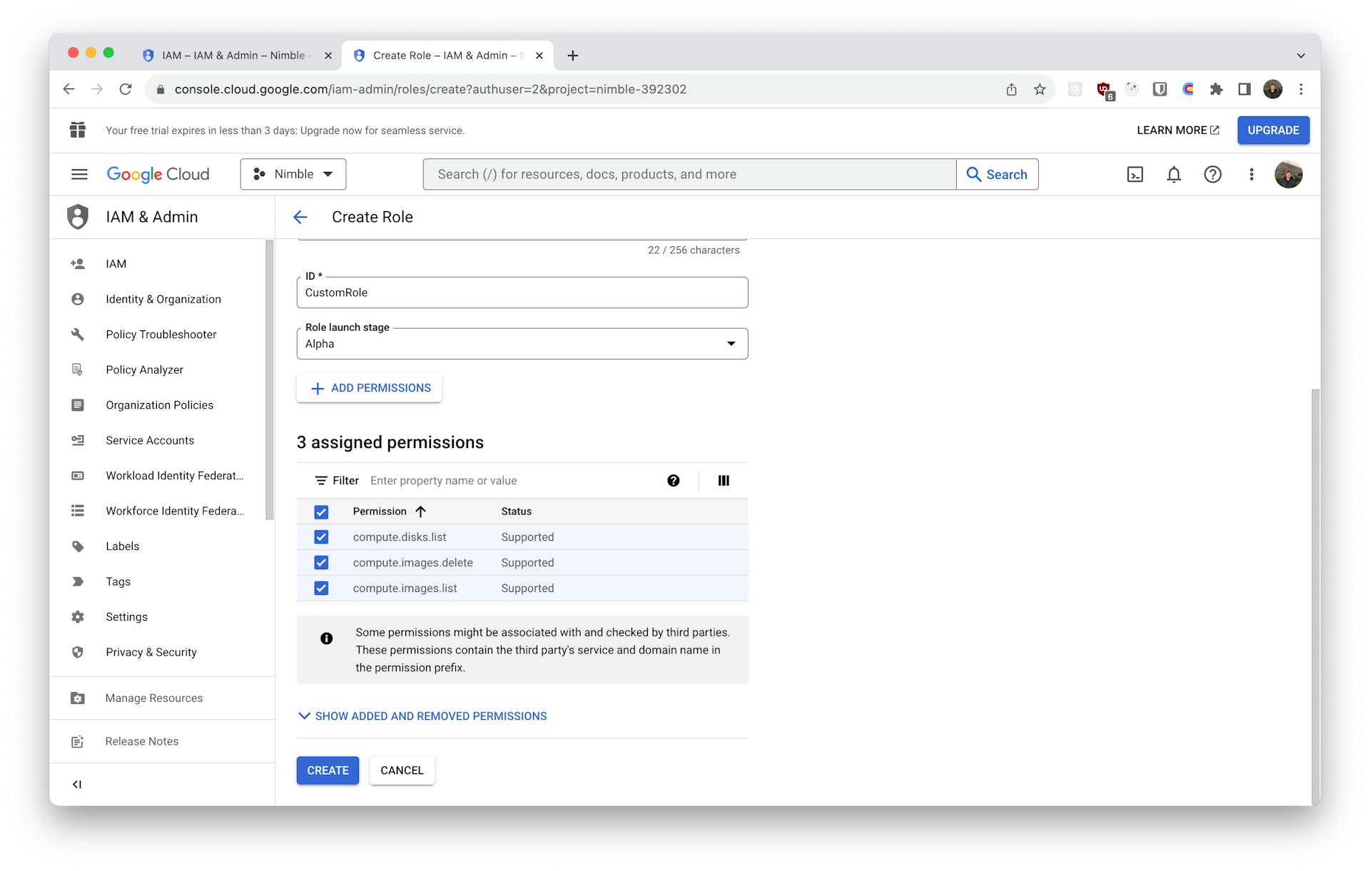 Screenshot showing the create role form of the Google Cloud Console, this time with all required information entered.